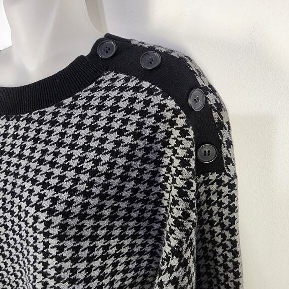 LOFT Womens Sweater Black White Houndstooth Crewneck Button Detail Cotton Medium - Picture 6 of 10